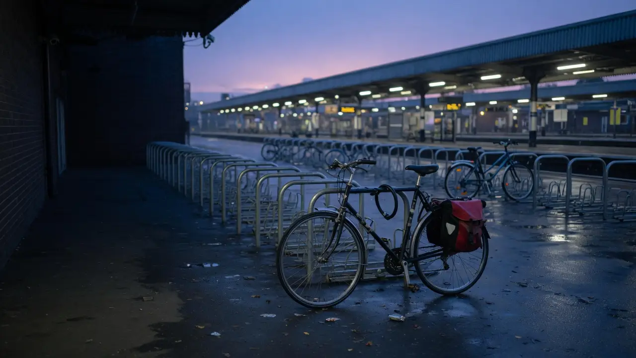 A bicycle at a UK station in blue hour. Editorial photograph; not a named model.