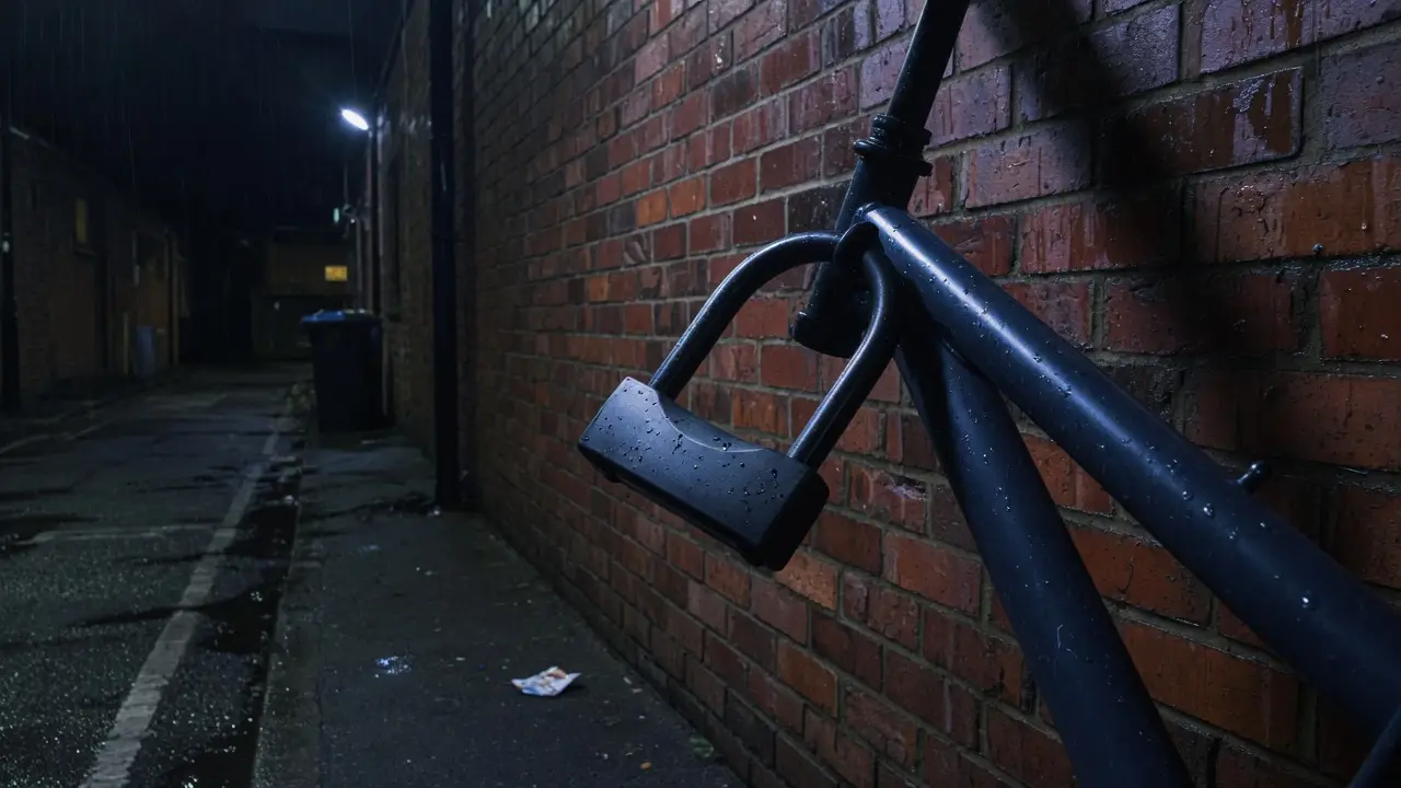 A thick U-lock on a bicycle frame in a wet alley. Editorial photograph; not a named model.