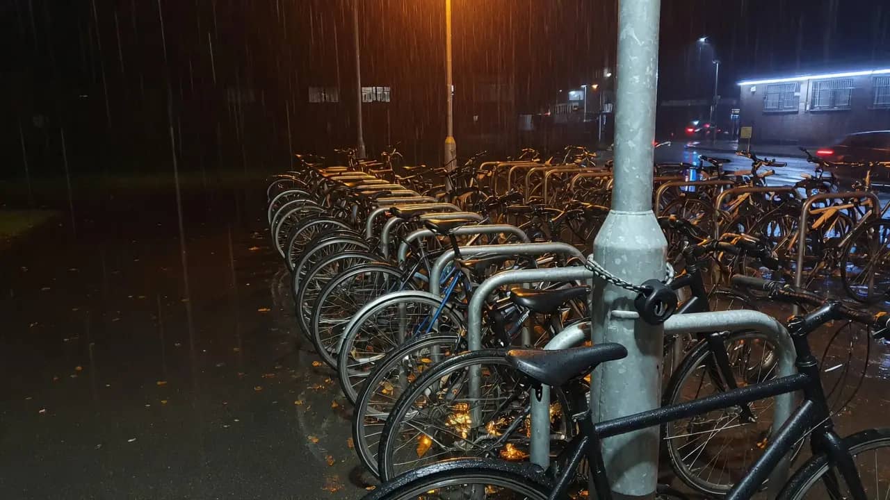 A crowded night bike rack in the rain. Editorial photograph; not a named model.