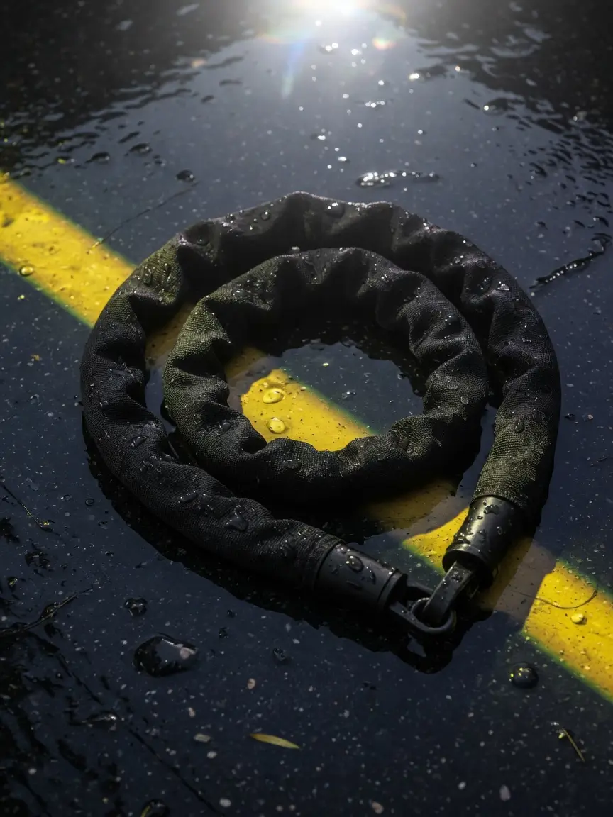 A thick unbranded chain lock coiled on wet tarmac.