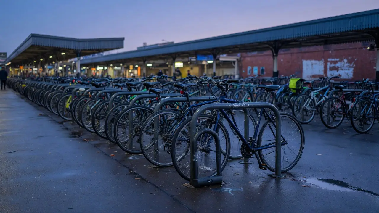 Commuter bicycles parked at a UK railway station in blue hour. Editorial photograph.