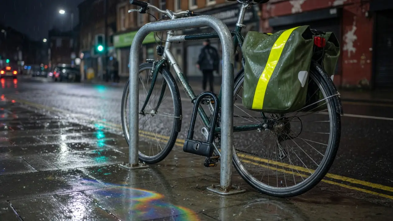A bicycle locked to a bike stand on a wet UK street at night. Editorial photograph; not a product reviewed here.