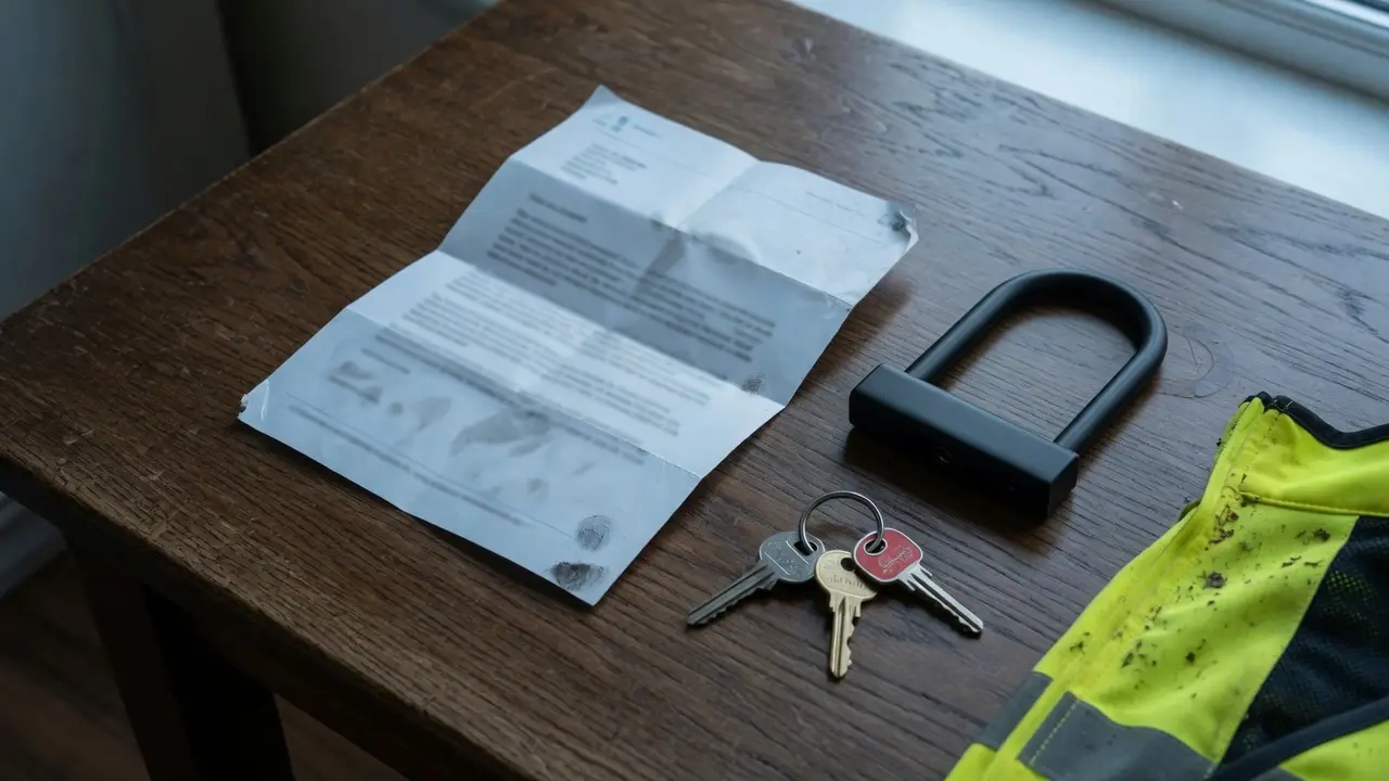 A U-lock, keys, and a folded letter on a kitchen table beside a high-visibility jacket. Editorial still life.