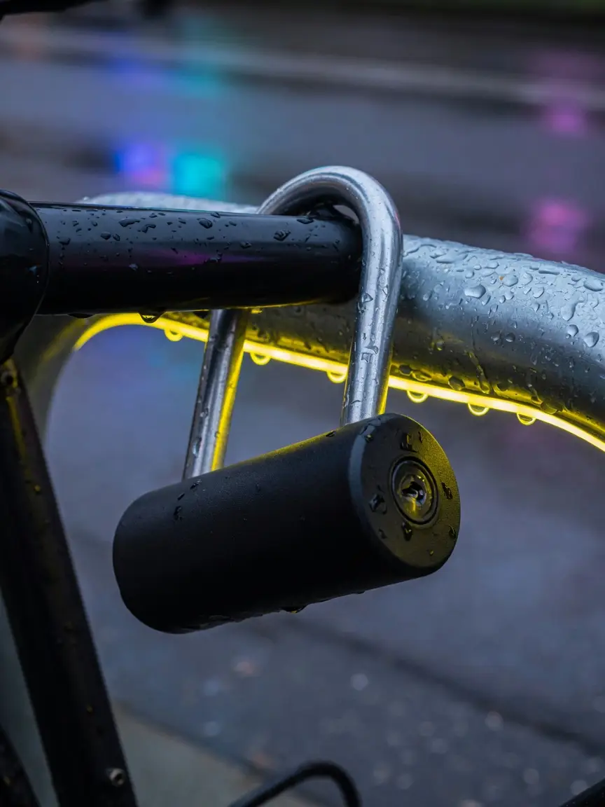 A compact unbranded U-lock closed around a bicycle frame and a stand at dusk. Editorial photograph; not a named model.
