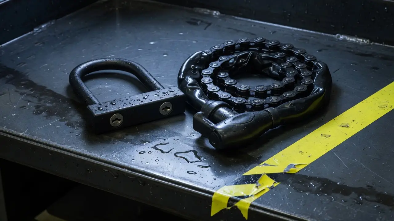 An unbranded U-lock and a sleeved chain lock on a steel workbench. Editorial still life; not named models.