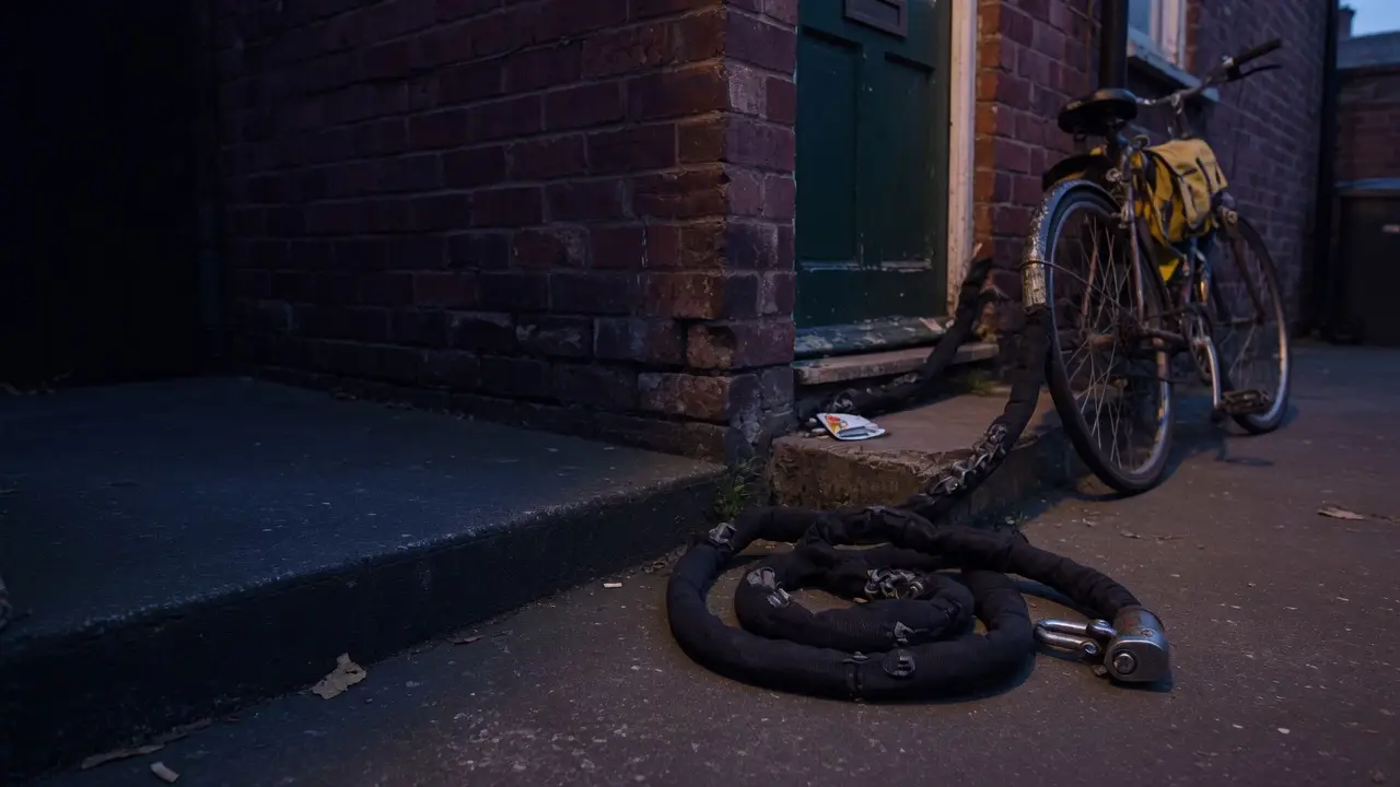 A heavy chain lock on a doorstep beside a bicycle. Editorial photograph; not a named model.