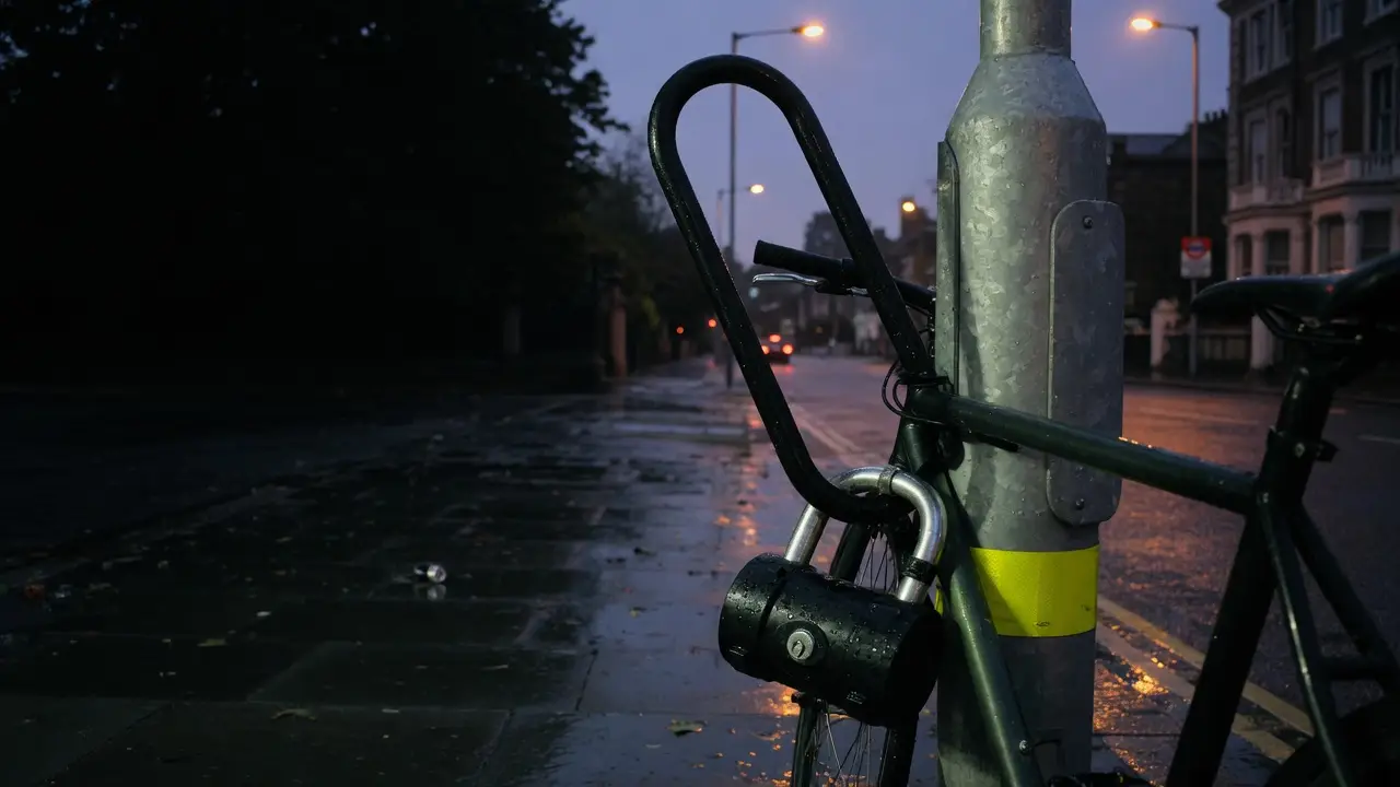 A long U-lock closed around a lamp post on a wet street. Editorial photograph; not a named model.